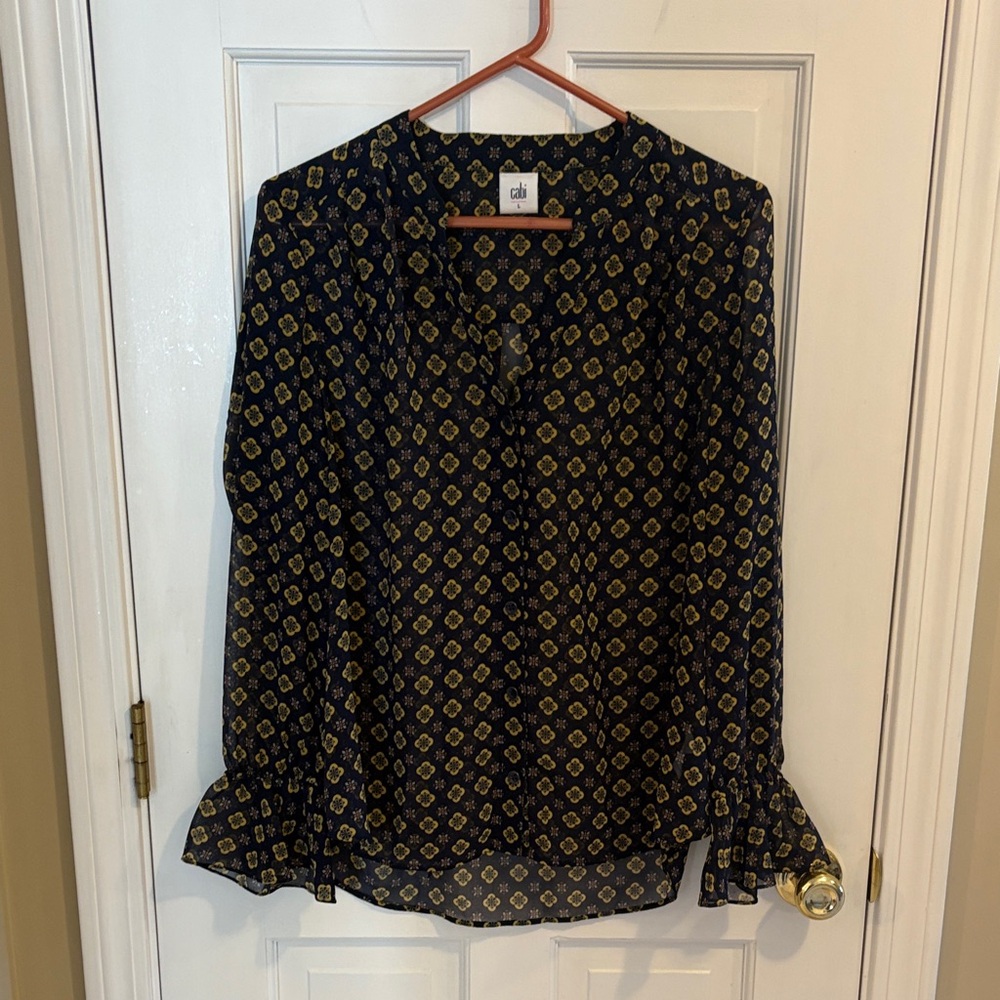 CAbi Blue and Gold Geometric Blouse size large like new